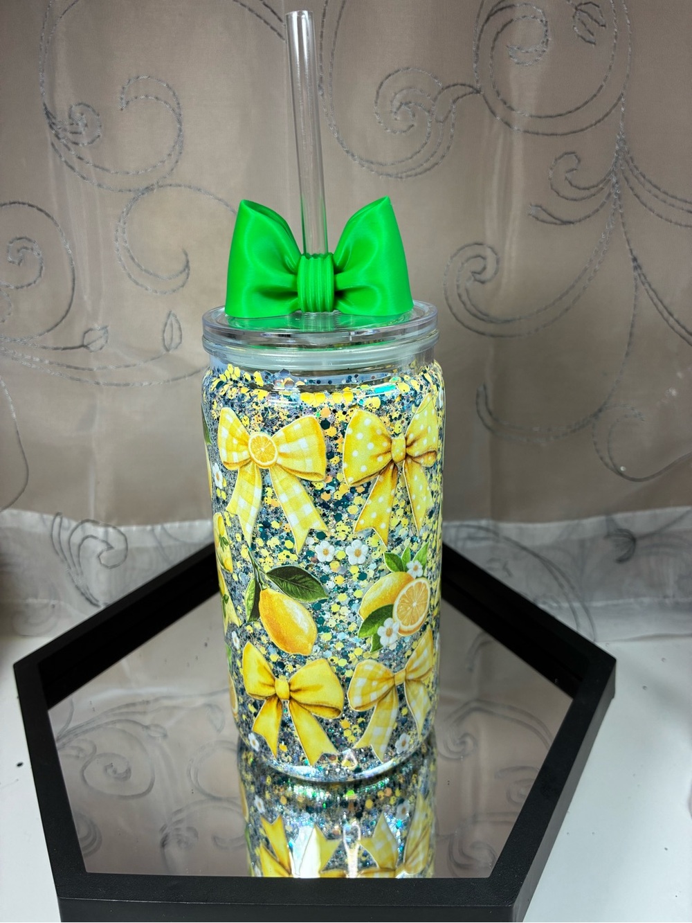 Lemon Bow Glitter Acrylic Tumbler with Green Bow Straw Lid